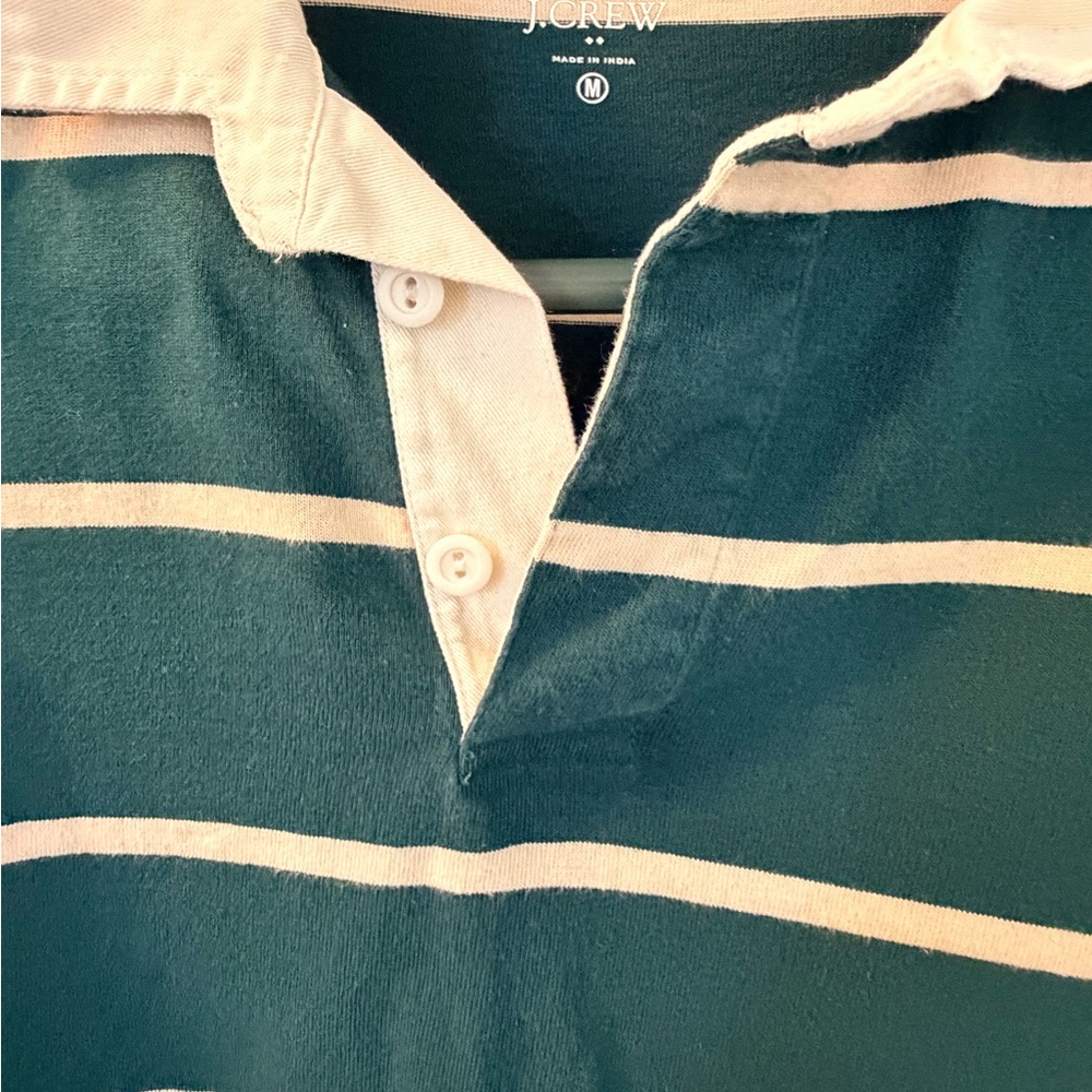 J. Crew Men's Dark Green and Cream Striped Rugby Polo